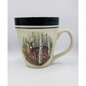 Folk Craft Stoneware White Tail Deer Coffee Mug Cup by ScottyZ Vintage Retro